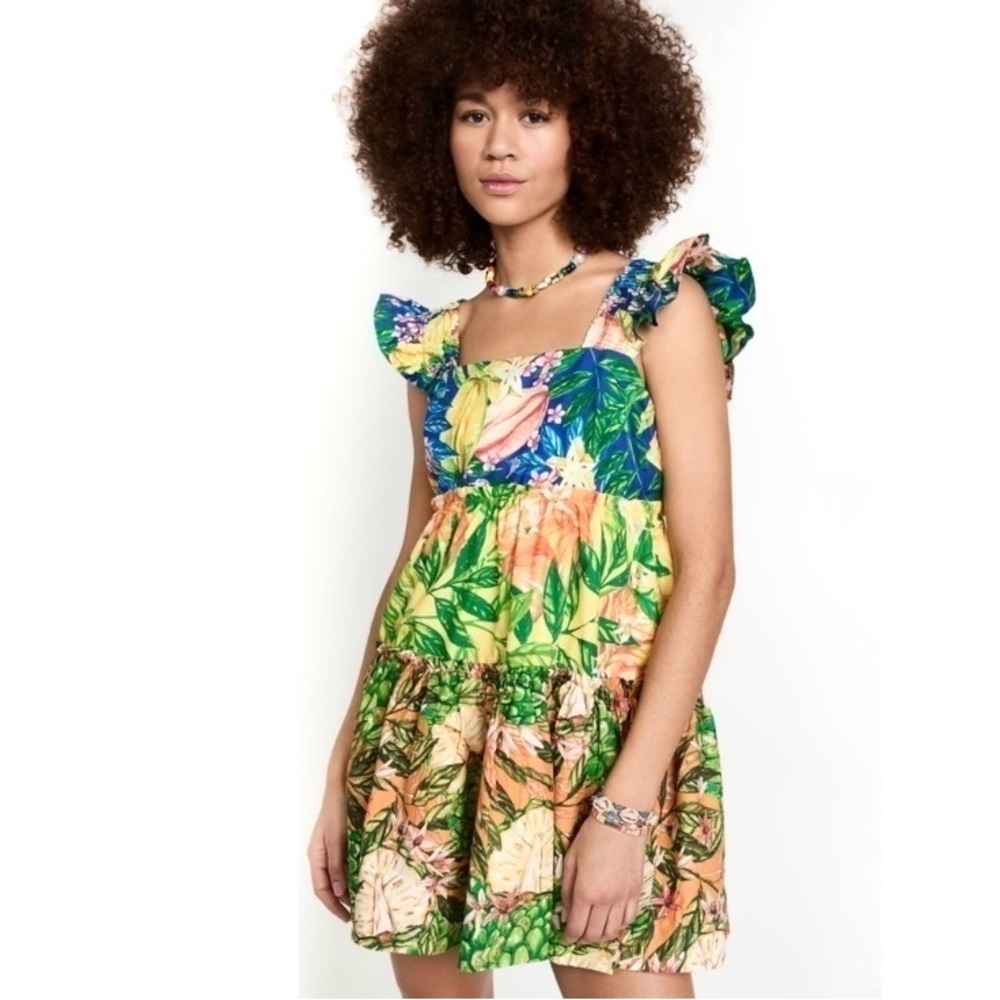 NEW FARM Rio Caipirinha Tiered Mini Dress Colorful Tropical A-Line Shift Size L